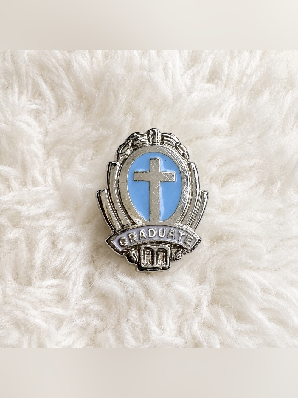 Vintage Catholic School Graduate Lapel Pin Silvertone Blue Cross Enamel Badge